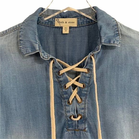 Cloth &‎ Stone Lace Up Chambray Tunic Collared Top - Picture 3 of 10